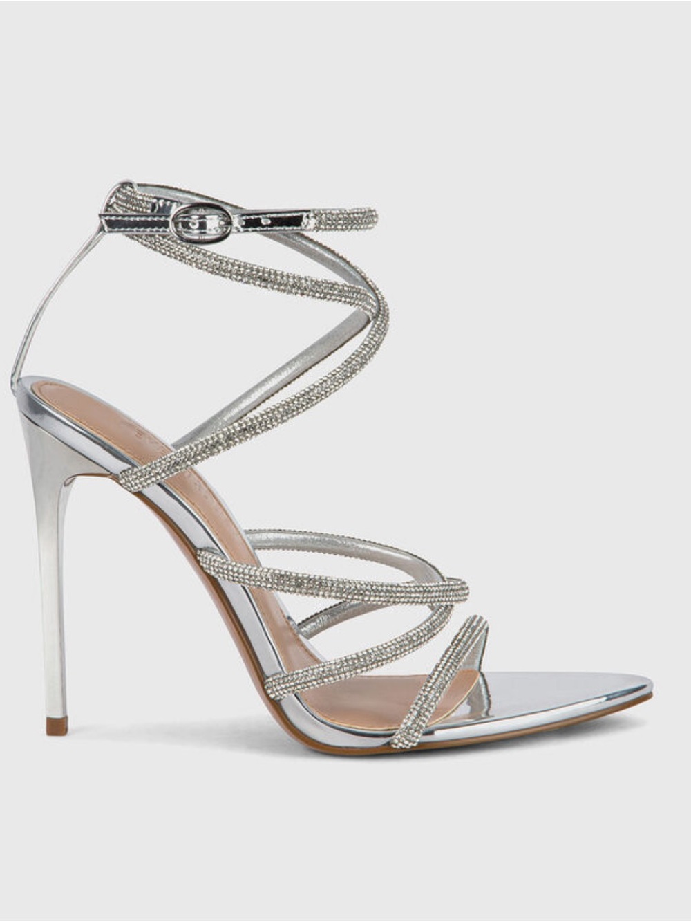 Steve Madden women’s 7.5 Sky High Silver Strappy Crystal-Embellished High Heel